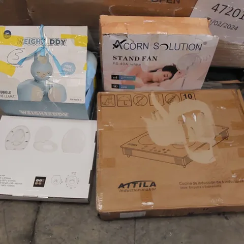 PALLET OF ASSORTED ITEMS INCLUDING: INDUCTION MAKER, STAND FAN, TEDDY BEAR, TOILET SEAT