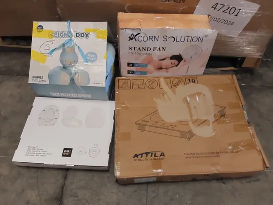 PALLET OF ASSORTED ITEMS INCLUDING: INDUCTION MAKER, STAND FAN, TEDDY BEAR, TOILET SEAT