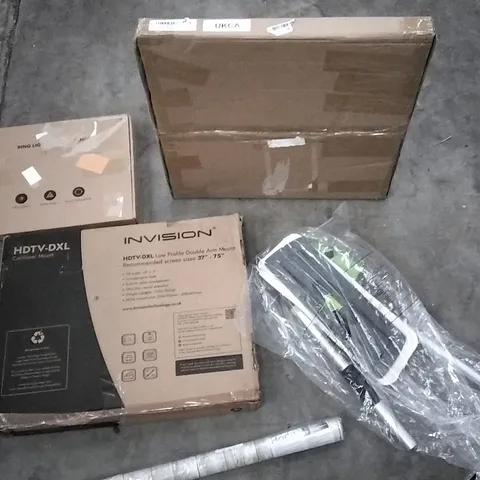 PALLET OF ASSORTED ITEMS INCLUDING RING LIGHT STAND, ROUND WALL MOUNTED MIRROR, LOW PROFILE DOUBLE ARM TV MOUNT, MOP AND CONTACT PAPER