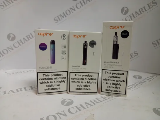 APPROXIMATELY 20 ASSORTED BOXED ASPIRE VAPING PRODUCTS TO INCLUDE FLEXUS Q KIT, POCKEX KIT, ZELOS NANO KIT ETC. 