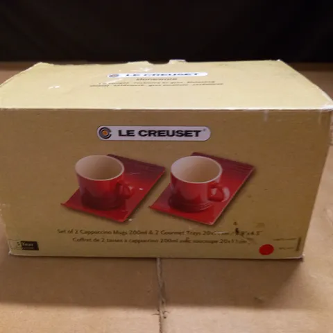 BOXED LE CREUSET STONEWARE CAPPUCCINO CUPS AND TRAYS