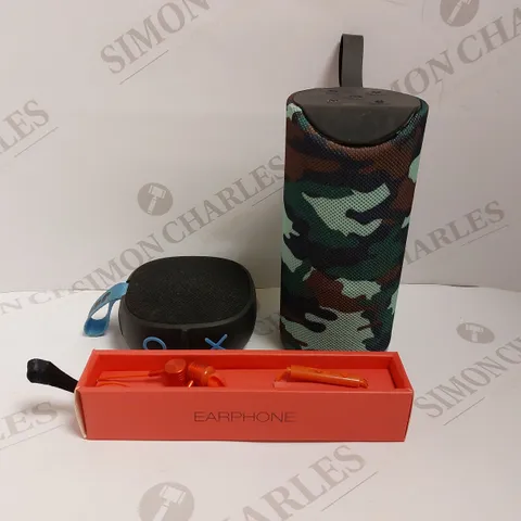 BOX OF 3 AUDIO ITEMS TO INCLUDE JAM PORTABLE BLUETOOTH SPEAKER, CAMO BLUETOOTH SPEAKER AND YOOKIE METAL EARPHONES