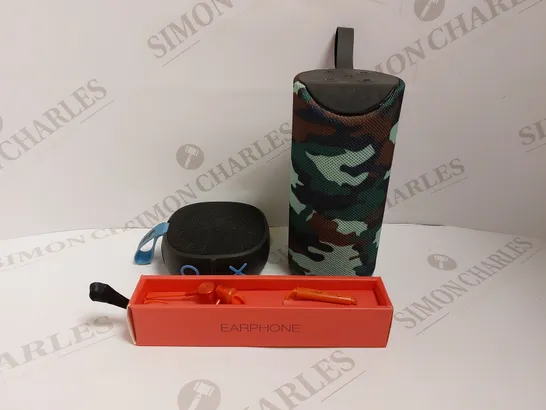 BOX OF 3 AUDIO ITEMS TO INCLUDE JAM PORTABLE BLUETOOTH SPEAKER, CAMO BLUETOOTH SPEAKER AND YOOKIE METAL EARPHONES