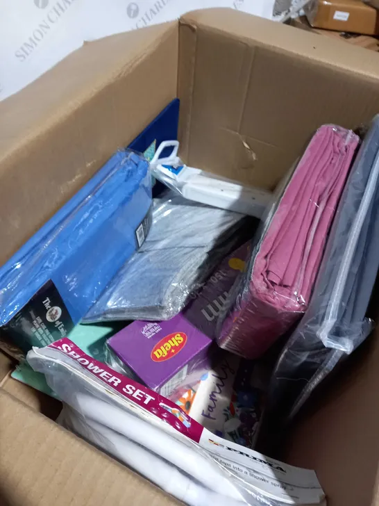 BOX OF APPROXIMATELY 10 ASSORTED ITEMS TO INCLUDE HUGS 2024 CALENDAR COTTON FITTED SHEETS, CLING FILM ETC