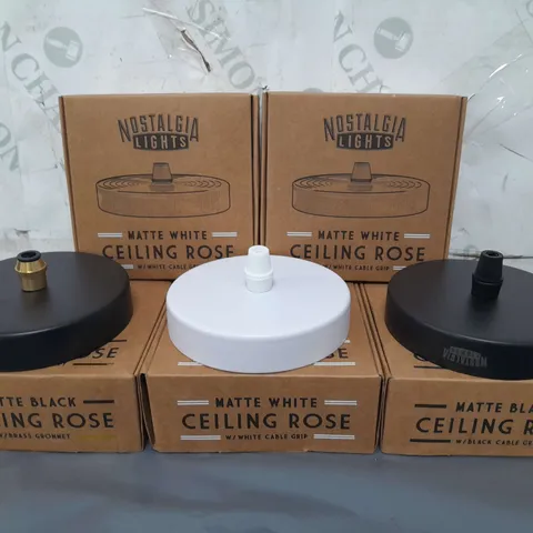 BOXED NOSTALGIA LIGHTS SET OF 5 CEILING ROSE IN VARIOUS COLOURS TO INCLUDE BRASS GROMMET, WHITE CABLE GRIP, AND BLACK CABLE GRIP VARIANTS