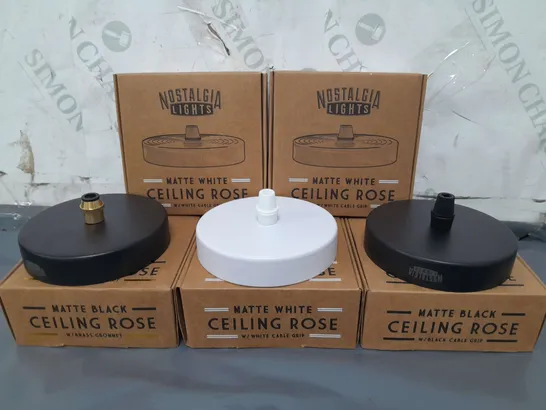 BOXED NOSTALGIA LIGHTS SET OF 5 CEILING ROSE IN VARIOUS COLOURS TO INCLUDE BRASS GROMMET, WHITE CABLE GRIP, AND BLACK CABLE GRIP VARIANTS