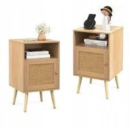 BOXED COSTWAY SET OF 2 RATTAN BEDSIDE TABLES WITH STORAGE SPACE, OPEN SHELF AND DOOR, FARMHOUSE STYLE - NATURAL