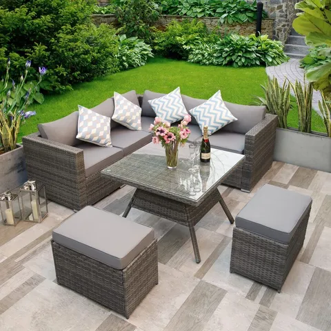 BOXED ALISON AT HOME DORCHESTER OUTDOOR RATTAN SOFA DINING SET - GREY (2 BOXES)