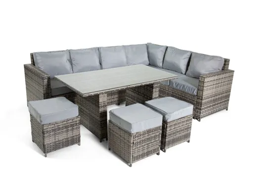 BOXED THE TARPORLEY 9 SEAT CORNER RATTAN DINING SET (3 BOXES)