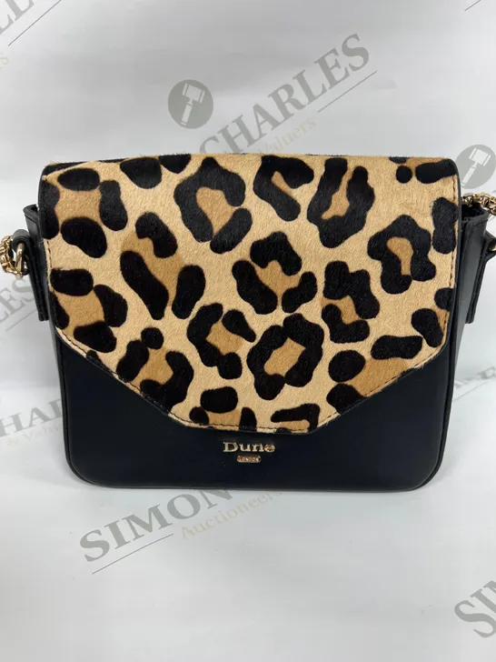 DUNE LONDON LEOPARD PRINT FLAP SHOULDER BAG IN BLACK