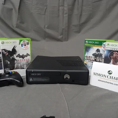 XBOX 360 GAMES CONSOLE W. CONTROLLER AND SMALL ASSORTMENT OF GAMES TO INCLUDE CALL OF DUTY, BATMAN, FIFA, ETC