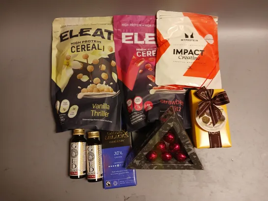 BOX OF APPROX 12 ASSORTED FOOD ITEMS TO INCLUDE - MYPROTEIN IMPACT CREATINE - ELEAT HIGH PROTEIN CEREAL - GOLD COLLAGEN ETC