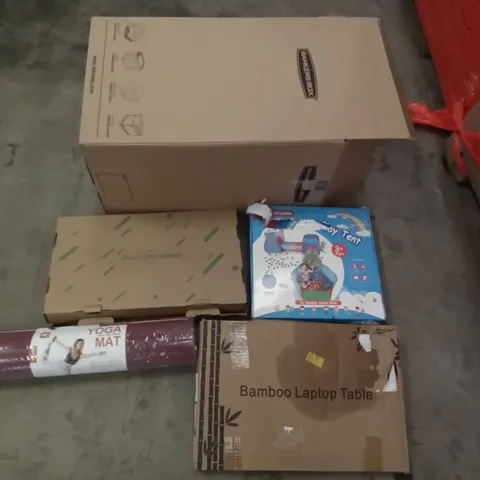 PALLET OF ASSORTED ITEMS INCLUDING BAMBOO LAPTOP TABLE, YOGA MAT, BANKERS BOX PLASTIC STORAGE BOXES, POP UP PLAY TENT, CROSSFINGERS GOLF HITTING MAT