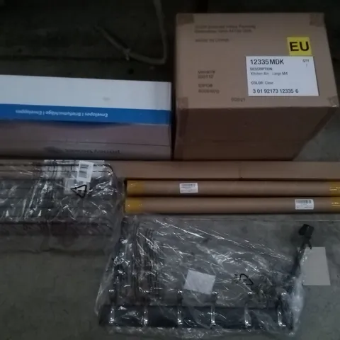 PALLET OF ASSORTED ITEMS INCLUDING M-DESIGN KITCHEN BIN, COAT HANGERS, MOVIE POSTERS, BOOMJOG CURTAIN ROD, PITNEY BOWES ENVELOPES, WIRE MESH BASKET