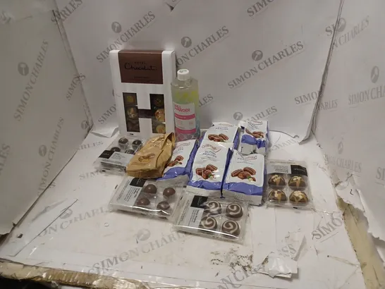 LOT OF ASSORTED FOOD AND DRINK ITEMS TO INCLUDE HOTEL CHOCOLAT, THORNTONS AND WILLPOWDER