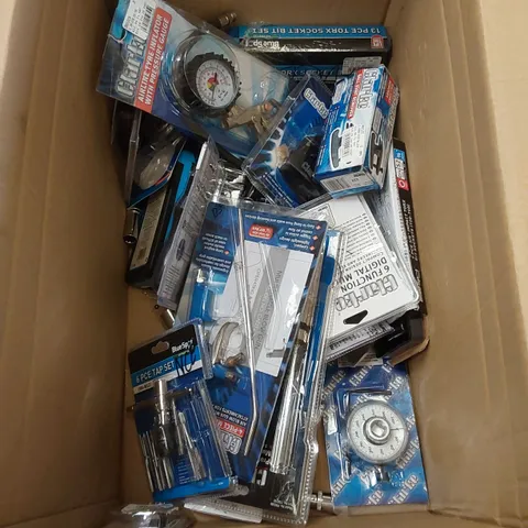 BOX OF ASSORTED TOOLS INCLUDING; PAD LOCKS, TAP SET, BALL JOINT REMOVER, AIRLINE INFLATOR ETC