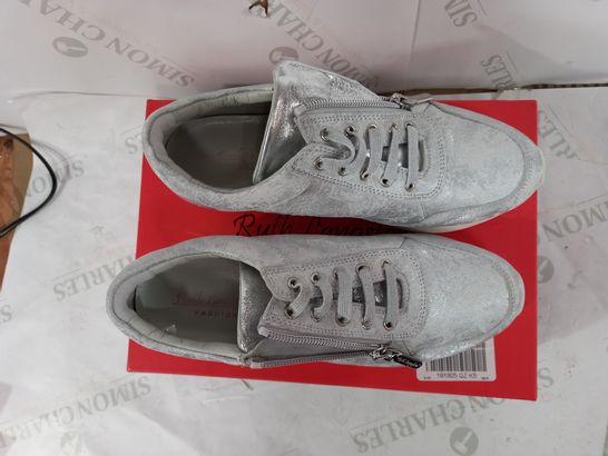 BOXED PAIR OF RUTH LANGSFORD SILVER WEDGE TRAINERS - SIZE 38