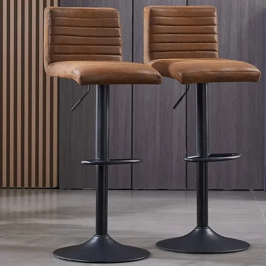 BOXED VINTAGE SUEDE UPHOLSTERED HEIGHT ADJUSTABLE BAR STOOLS, BROWN - SET OF 2 (1 BOX)