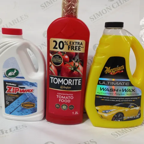 LOT OF APPROXIMATELY 10 ASSORTED HOUSEHOLD ITEMS TO INCLUDE MEGUIAR'S ULTIMATE WASH & WAX, LEVINGTON TOMORITE TOMATO FOOD, TURTLEWAX ZIPWAX, ETC