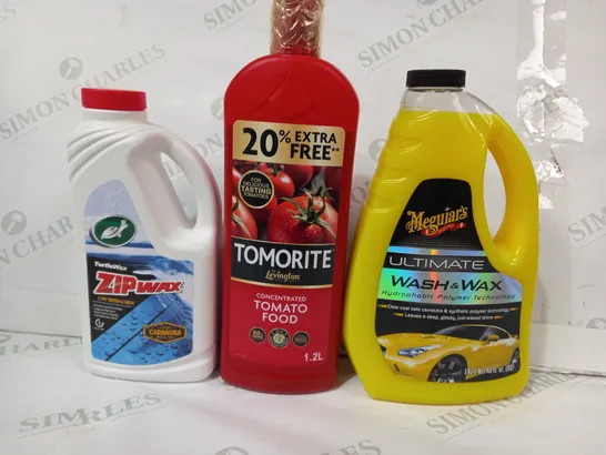 LOT OF APPROXIMATELY 10 ASSORTED HOUSEHOLD ITEMS TO INCLUDE MEGUIAR'S ULTIMATE WASH & WAX, LEVINGTON TOMORITE TOMATO FOOD, TURTLEWAX ZIPWAX, ETC