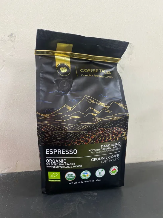 BOX OF 16 PACKS OF BRAND NEW COFFEE TALES ESPRESSO DARK BLEND GROUND COFFEE (Each pack net weight 16oz)