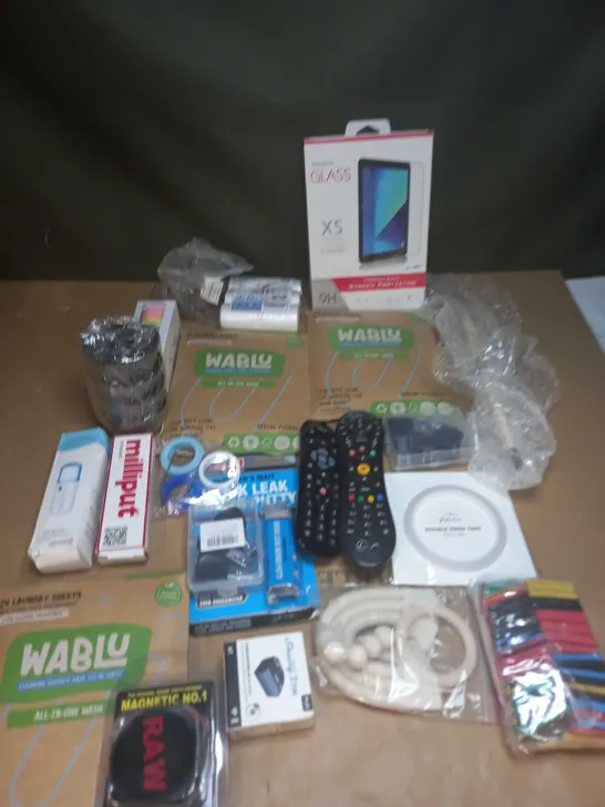 LOT OF ASSORTED ITEMS TO INCLUDE REMOTE CONTROLS, TEMPERED GLASS AND WABLY