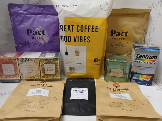 LOT OF APPROX 9 ASSORTED DRINK ITEMS TO INCLUDE PACT COFFEE CHAPADA PEABERRY ESPRESSO, THE BEAN SHOP BRAZIL YELLOW BOURBON ESPRESSO, FAMOUS TEAS CHRISTENING BLEND, ETC 