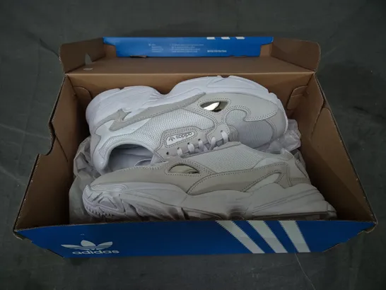 BOXED PAIR OF ADIDAS WOMEN'S FALCON SHOES IN WHITE/OFF WHITE UK SIZE 5.5