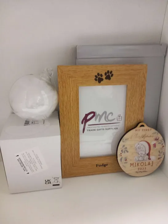 SEVEN ASSORTED PERSONALISED PRODUCTS TO INCLUDE; BICYCLE PUNCTURE REPAIR KIT, PICTURE FRAME AND CHRISTMAS DECOARTIONS