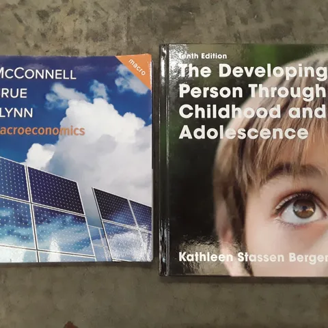 BOX CONTAINING 9 BRAND NEW COPIES OF CHILDHOOD & ADOLESCENCE BOOKS & 7  BRAND NEW MACROECONOMICS BOOKS