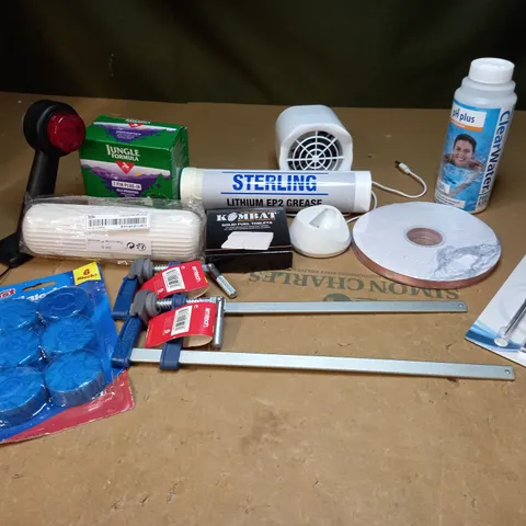 LOT OF APPROXIMATEY 15 ITEMS TO INCLUDE STERLING LITHIUM EP2 GREASE, CLEARWATER PH PLUS (500g), F CLAMPS, ETC