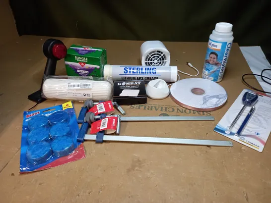 LOT OF APPROXIMATEY 15 ITEMS TO INCLUDE STERLING LITHIUM EP2 GREASE, CLEARWATER PH PLUS (500g), F CLAMPS, ETC