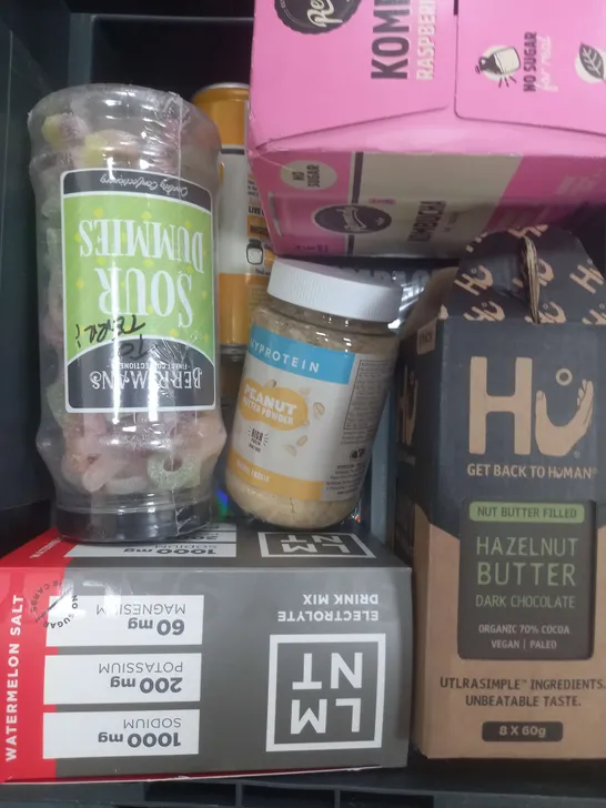 BOX OF APPROXIMATELY 10 ASSORTED ITEMS TO INCLUDE KOMBUCHA DRINK, SOUR DUMMIES, PEANUT BUTTER PROTEIN POWDER ETC