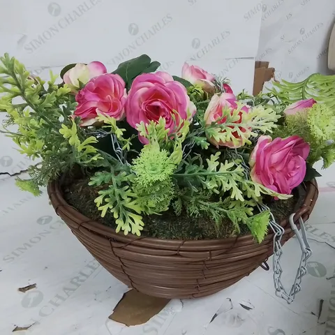 FAUX PINK ROSE HANGING BASKET 