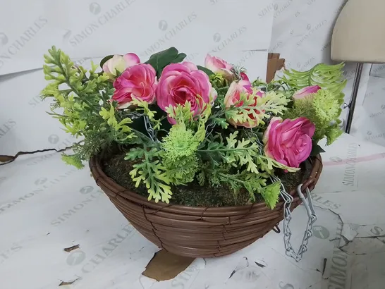 FAUX PINK ROSE HANGING BASKET 