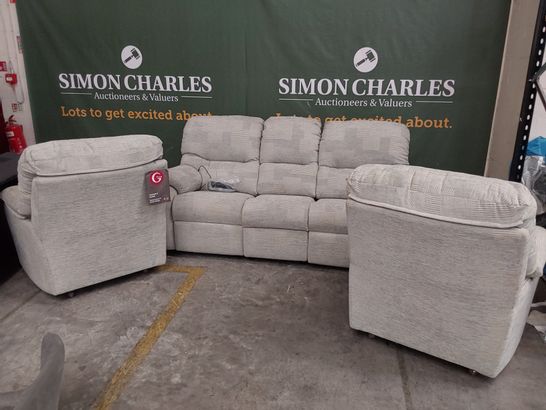 DESIGNER LIGHT GREY FABRIC LOUNGE SUITE COMPRISING POWER RECLINING 3 SEATER SOFA AND PAIR OF FIXED ARMCHAIRS AND FOOTSTOOL