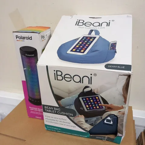 BOXED POLAROID BLUETOOTH SPEAKER WITH LED LIGHTING AND IBEANI BEAN BAG TABLET CUSHION