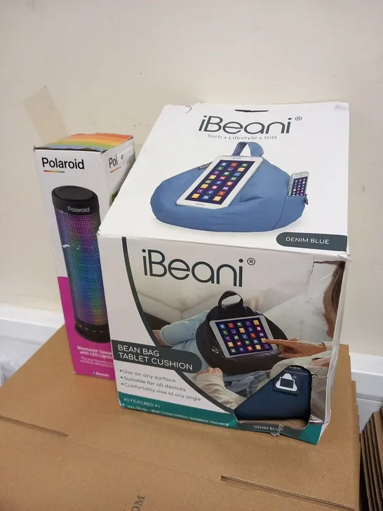 BOXED POLAROID BLUETOOTH SPEAKER WITH LED LIGHTING AND IBEANI BEAN BAG TABLET CUSHION