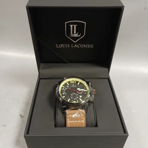 MENS LOUIS LACOMBE CHRONGRAPH WATCH – 3 SUB DIALS – BLACK CASE – LEATHER STRAP