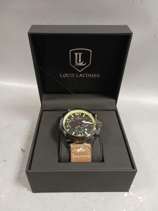 MENS LOUIS LACOMBE CHRONGRAPH WATCH – 3 SUB DIALS – BLACK CASE – LEATHER STRAP