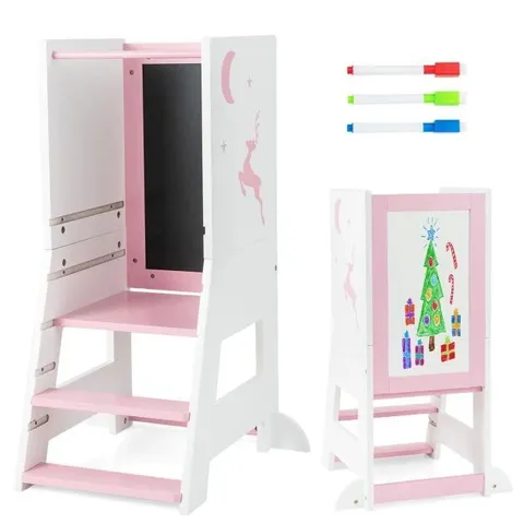 BOXED COSTWAY TODDLER KITCHEN STOOL HELPER WITH CHALKBOARD AND WHITEBOARD - PINK