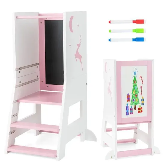 BOXED COSTWAY TODDLER KITCHEN STOOL HELPER WITH CHALKBOARD AND WHITEBOARD - PINK