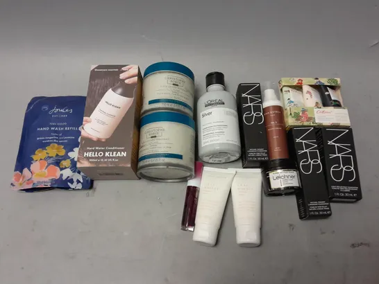 BOX OF APPROXIMATELY 15 COSMETIC ITEMS TO INCLUDE NARS FOUNDATION, HELLO KLEAN CONDITIONER, AND JOULES HAND WASH ETC. 