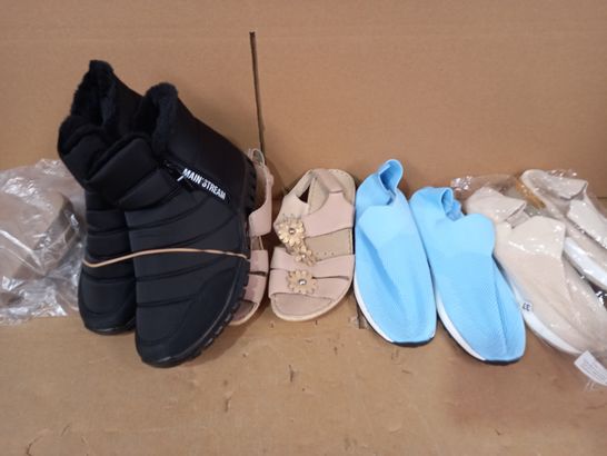 BOX OF APPROXIMATELY 5 ASSORTED PAIRS OF DESIGNER FOOTWEAR TO INCLUDE BROWN SANDALS, BLUE SLIP ON SHOES, ETC