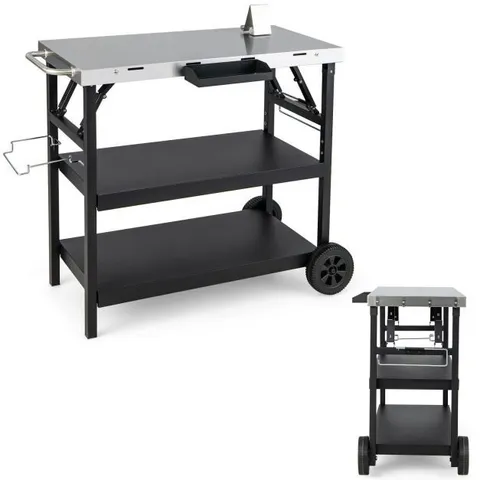 BOXED COSTWAY 3-TIER FOLDABLE STAINLESS OUTDOOR CART WITH 2 WHEELS-BLACK