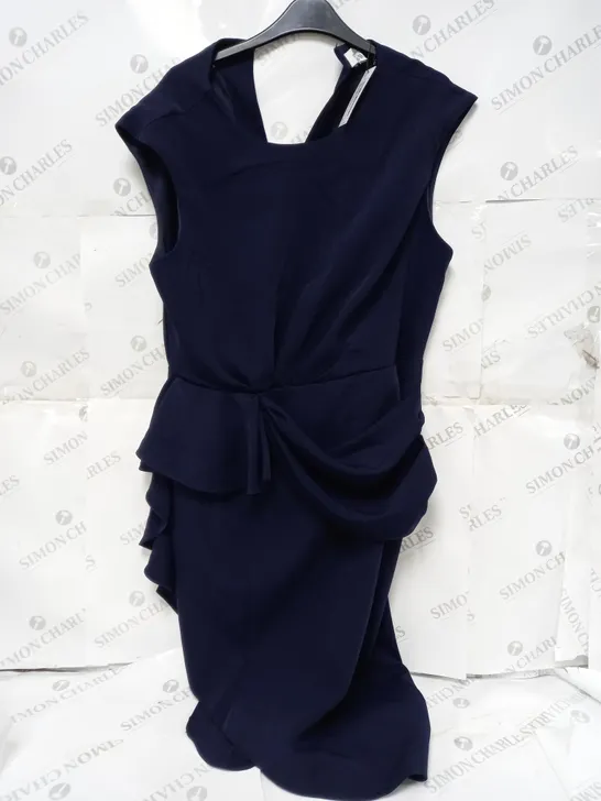 COAST WATERFALL RUFFLE DRAPE MIDI DRESS IN NAVY - SIZE 16