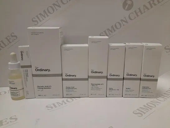 LOT OF APPROX 8 ASSORTED THE ORDINARY PRODUCTS TO INCLUDE GLYCOLIC ACID TONING SOLUTION 240ML, AZELAIC ACID SUSPENSION 10% BRIGHTENING FORMULA 30ML, ARGIRELINE SOLUTION 10% 30ML, ETC 