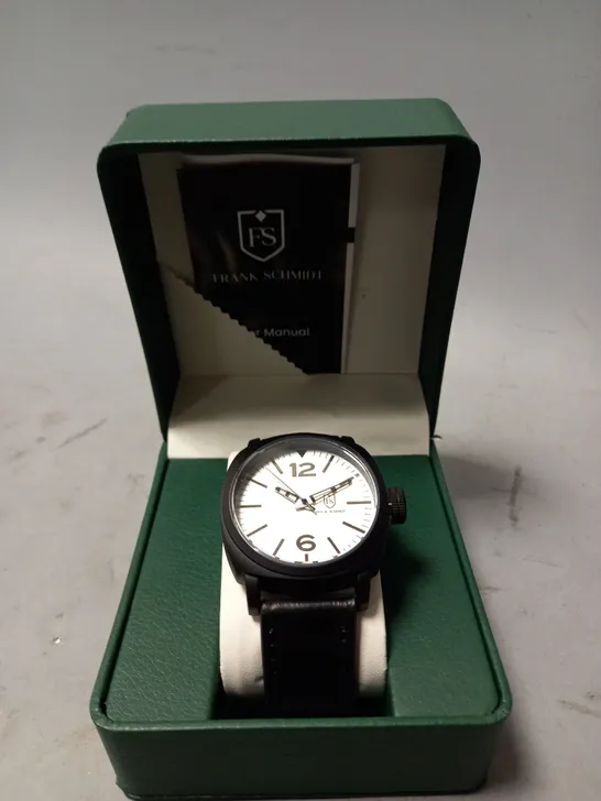 MENS FRANK SCHMIDT WATCH- BLACK LEATHER STRAP