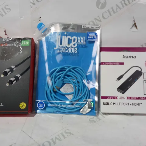 BOX OF APPROXIMATELY 10 ASSORTED ELECTRICAL ITEMS TO INCLUDE HAMA USB-C MULTIPORT + HDMI, JUICE XXL CHARGE & SYNC CABLE, BLACKWEB OPTICAL CABLE, ETC