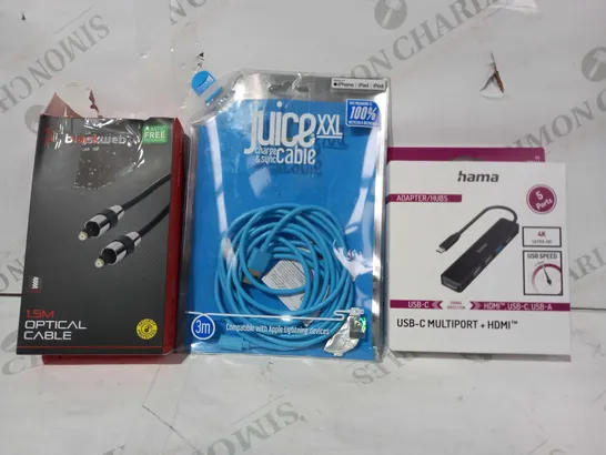 BOX OF APPROXIMATELY 10 ASSORTED ELECTRICAL ITEMS TO INCLUDE HAMA USB-C MULTIPORT + HDMI, JUICE XXL CHARGE & SYNC CABLE, BLACKWEB OPTICAL CABLE, ETC